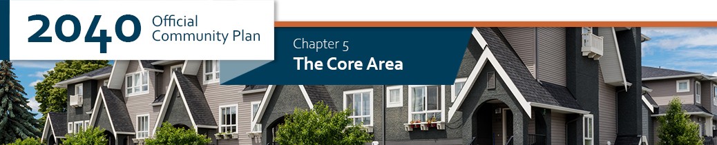 2040 OCP - Chapter 5 - The Core Area chapter header, image of row houses near central corridor of Kelowna