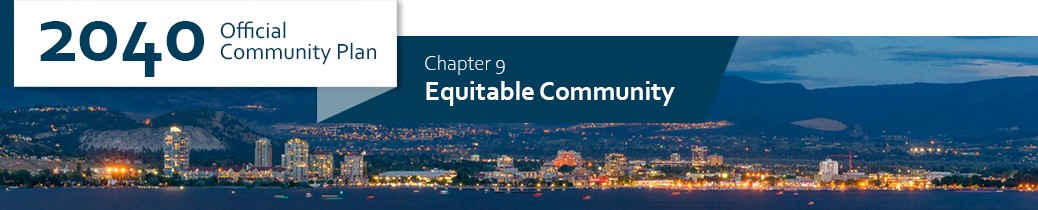 2040 OCP - Chapter 9 - Equitable Community chapter header, image of Kelowna waterfront at night