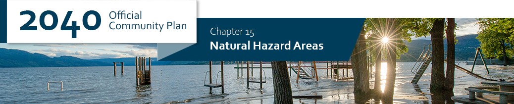 2040 OCP - Chapter 15 - Natural Hazard Areas chapter header, image of flooding at Rotary Beach in Kelowna